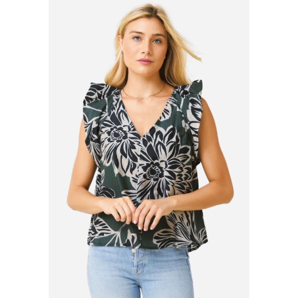 Velvet Graham Spencer Kadence Bracken Green Floral Cotton Silk V Neck Top Sz S